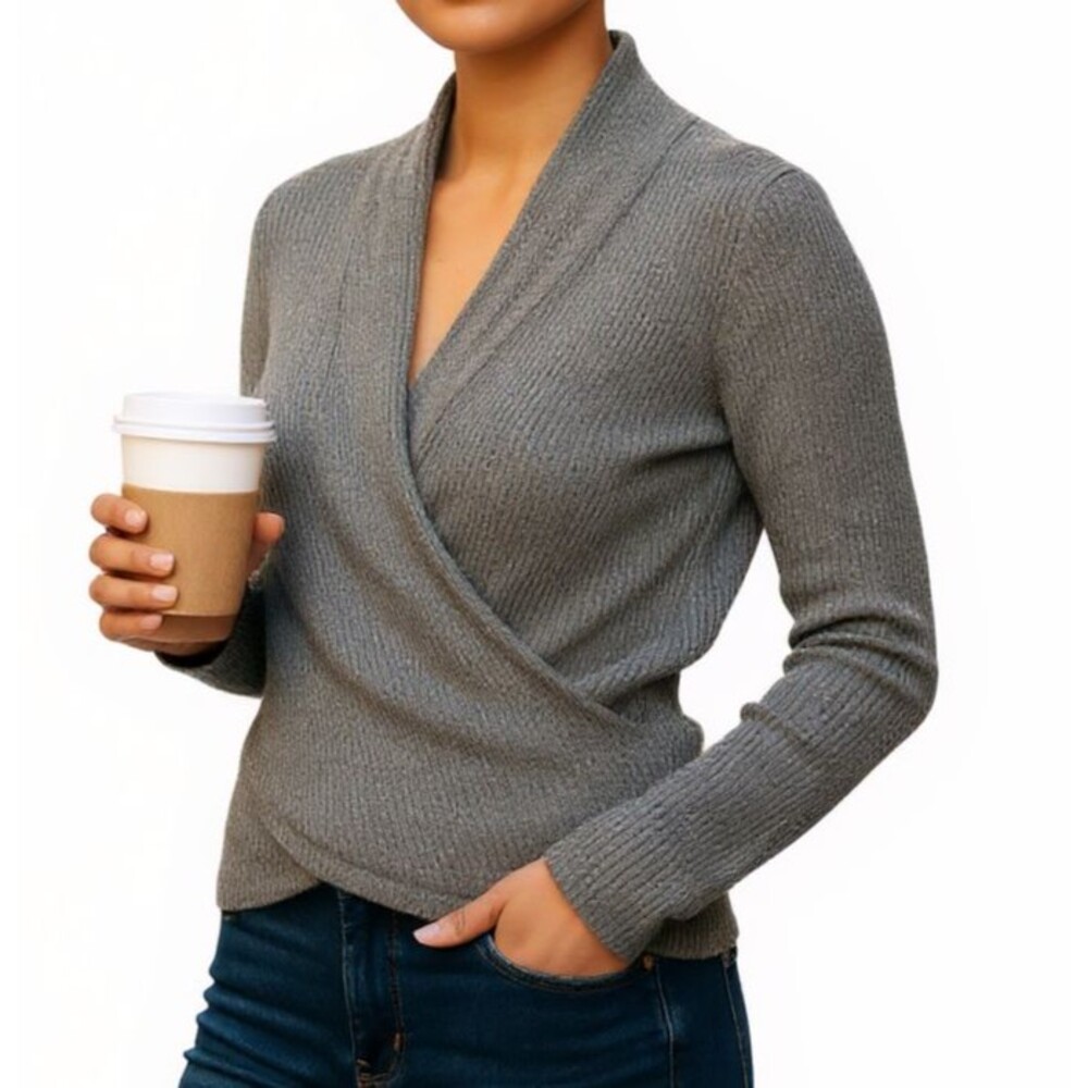 Daily Practice by Anthropologie Waffle Knit Cross Front Surplice Top XXS Gray